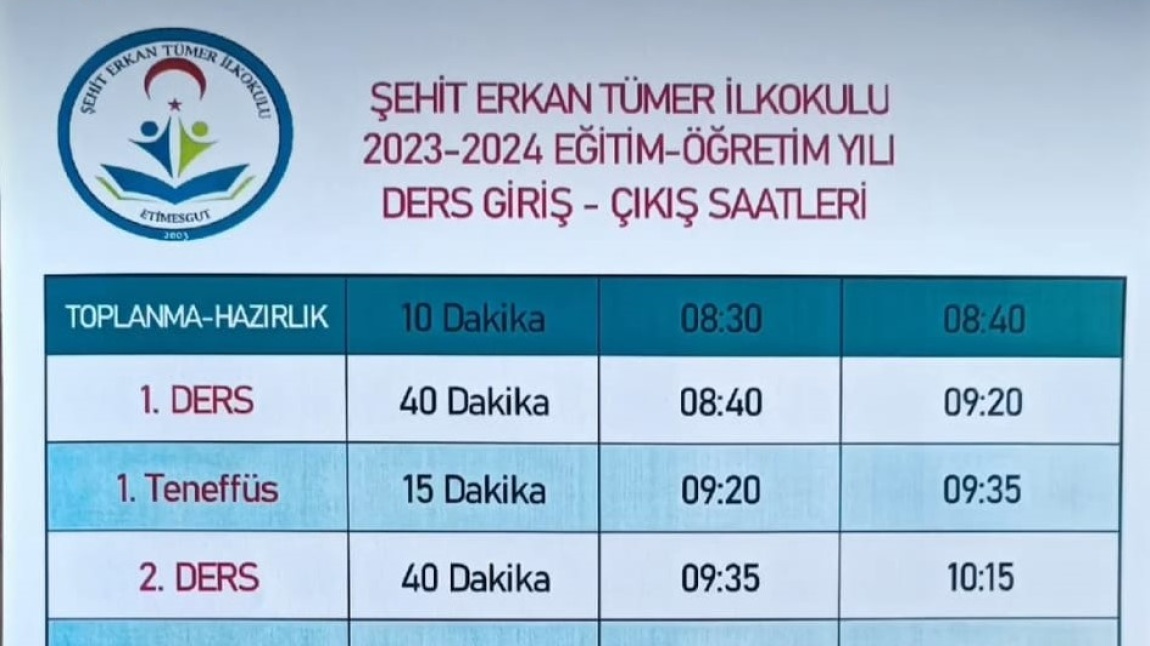 Şehit Erkan Tümer İlkokulu 2023-2024 Eğitim-Öğretim Yılı Zaman Çizelgesi